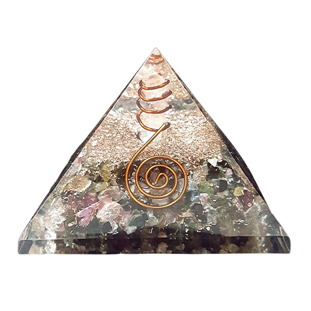 Pirámide Orgón Turmalina Multicolor 7 x 7 cm x lado x 5.5 cm alto