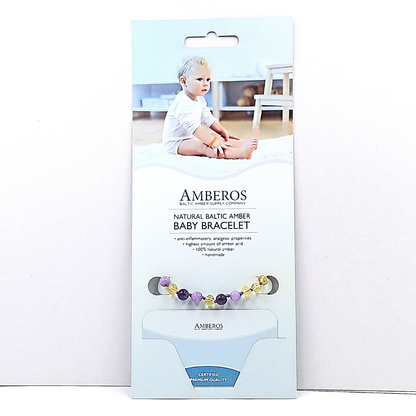 Pulsera Ámbar para Bebé con Cuarzo y jade Amatista. Certificado Dentición